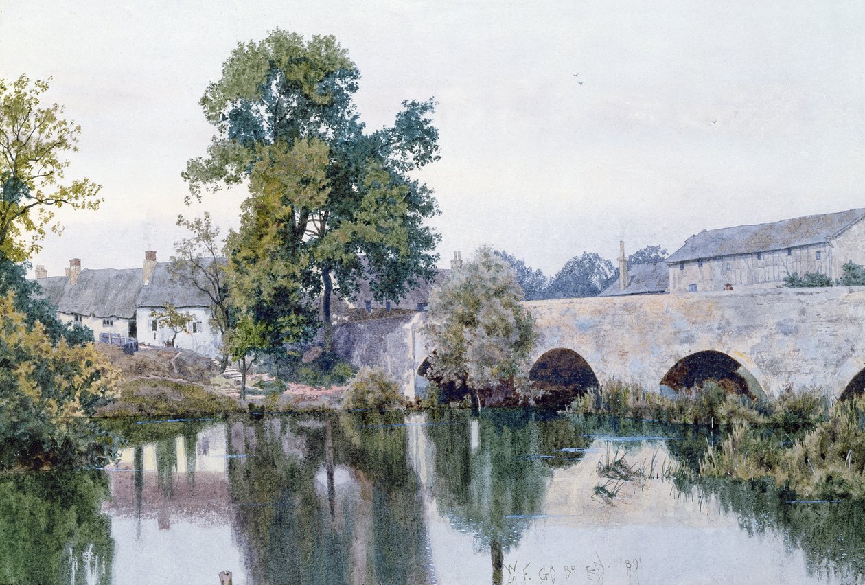 石桥进入村庄，1889年（纸上wc） 作者 威廉花园弗雷泽