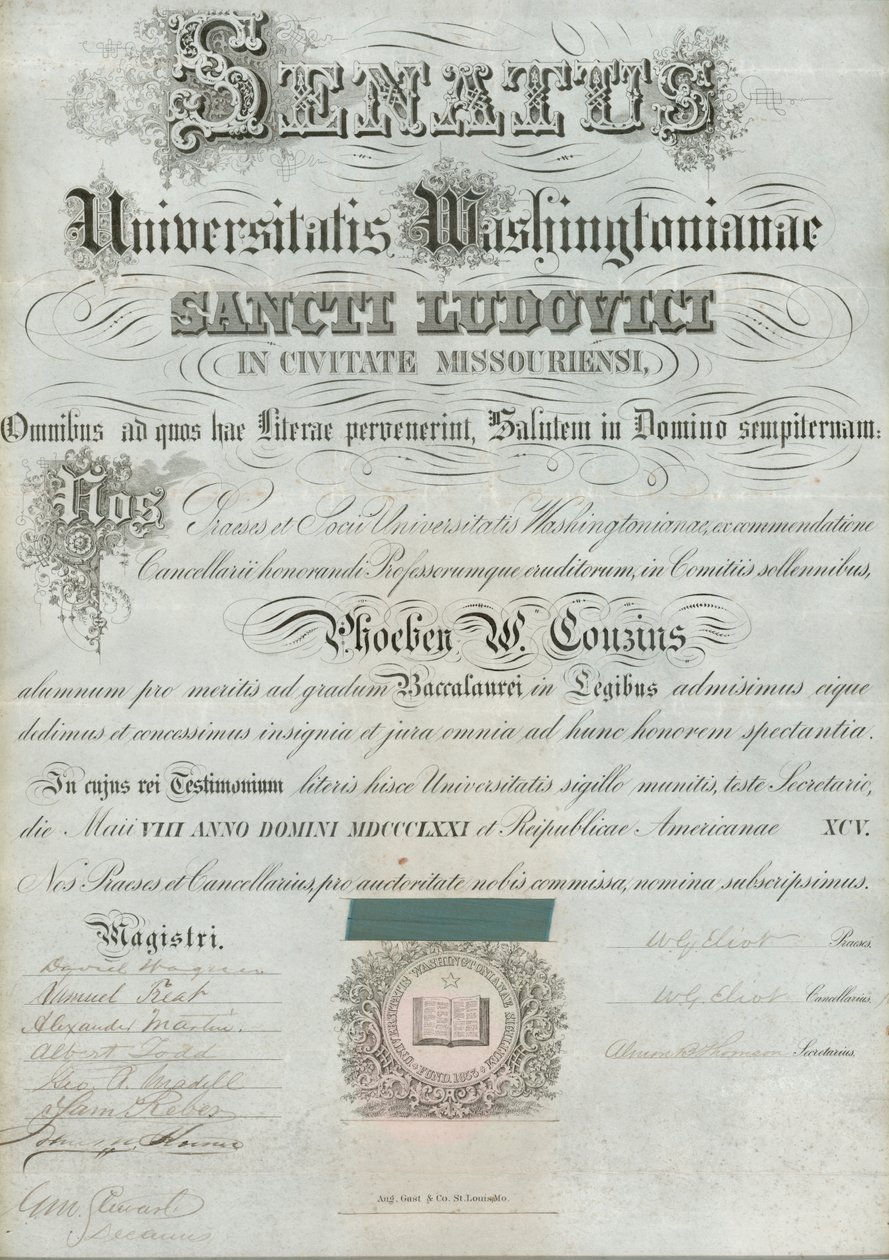 华盛顿大学Phoebe Couzins的文凭，签署了WG Eliot等人，1871年5月8日 作者 威廉·格林利夫·艾略特