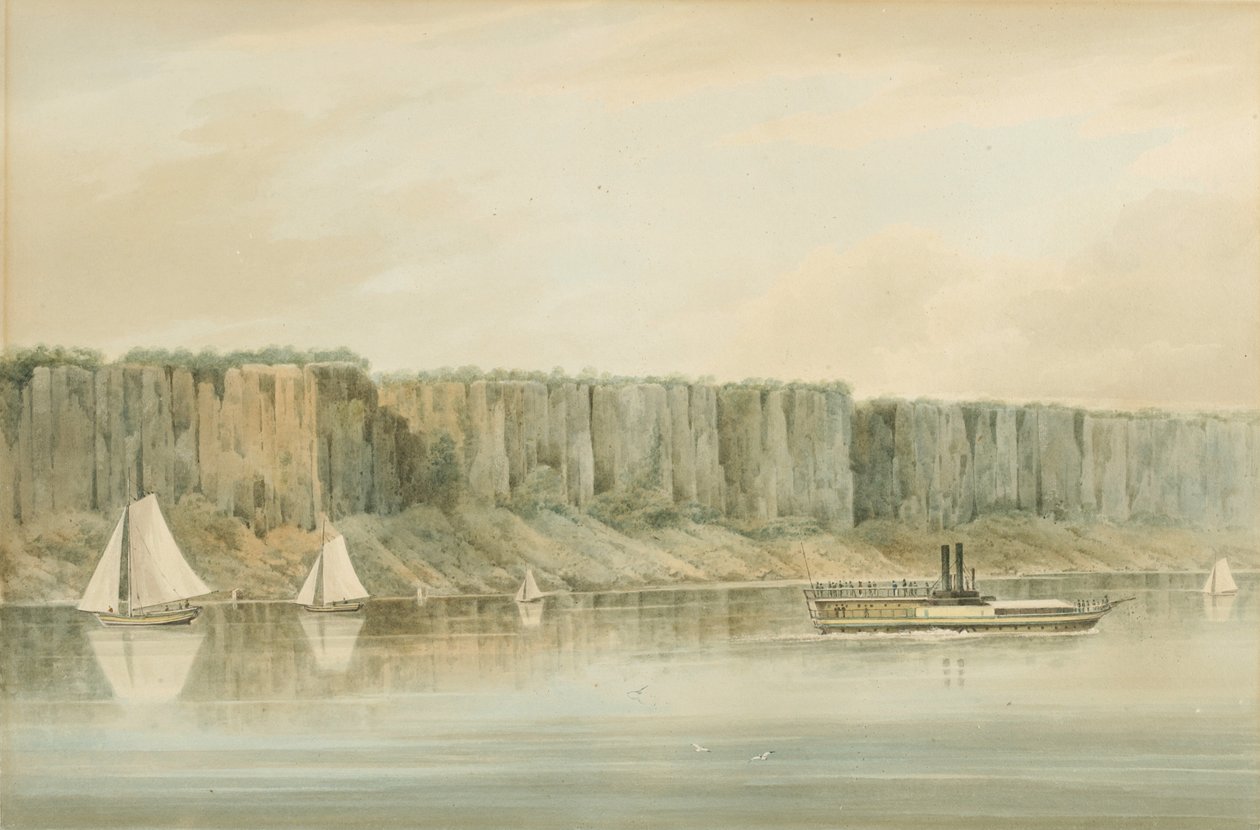 新泽西州Palisades的视图：1820年哈德逊河PortFolio板块19的预备性研究（水彩，石墨，在纸上铺上水粉，放在卡片上。） 作者 威廉·盖·沃尔