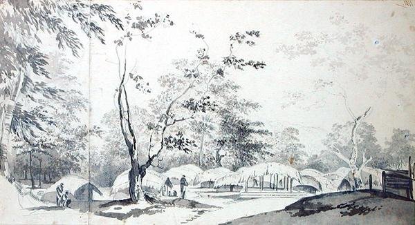 1783年在Baugelepoor（Bhagalpur）区的一个山村景观（灰色洗涤和石墨在两张连接的纸上） 作者 威廉·霍奇斯