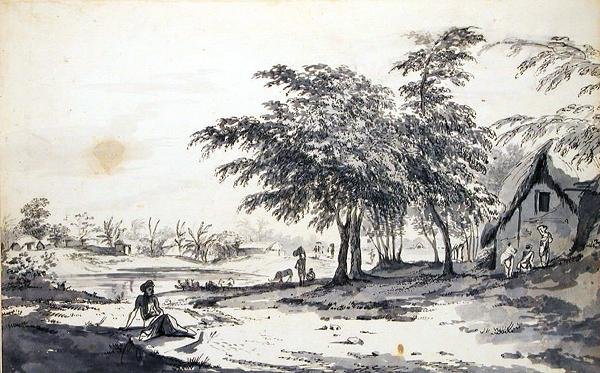 印度村庄的视图与一名男子坐在前景，c.1781-83（灰色洗涤，笔和黑色墨水和石墨在纸上） 作者 威廉·霍奇斯