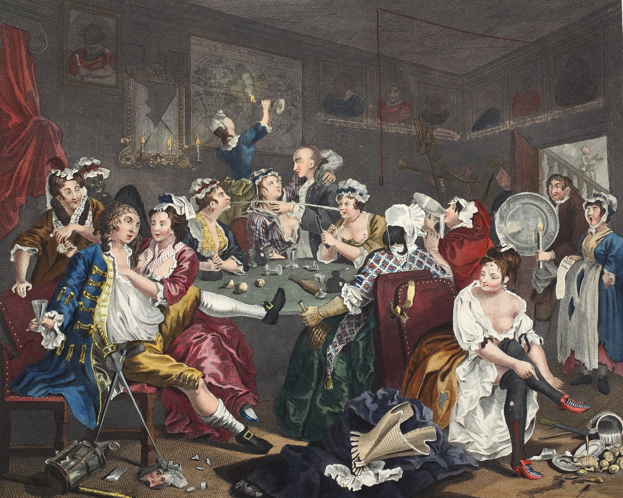 狂欢，来自&39;A Rake&39;s Progress&39;的第三版，来自&39;Hogarth Restored：着名的William Hogarth的全部作品，由托马斯库克重新雕刻&39;，酒吧。 1812年（手工雕刻） 作者 威廉·霍加斯
