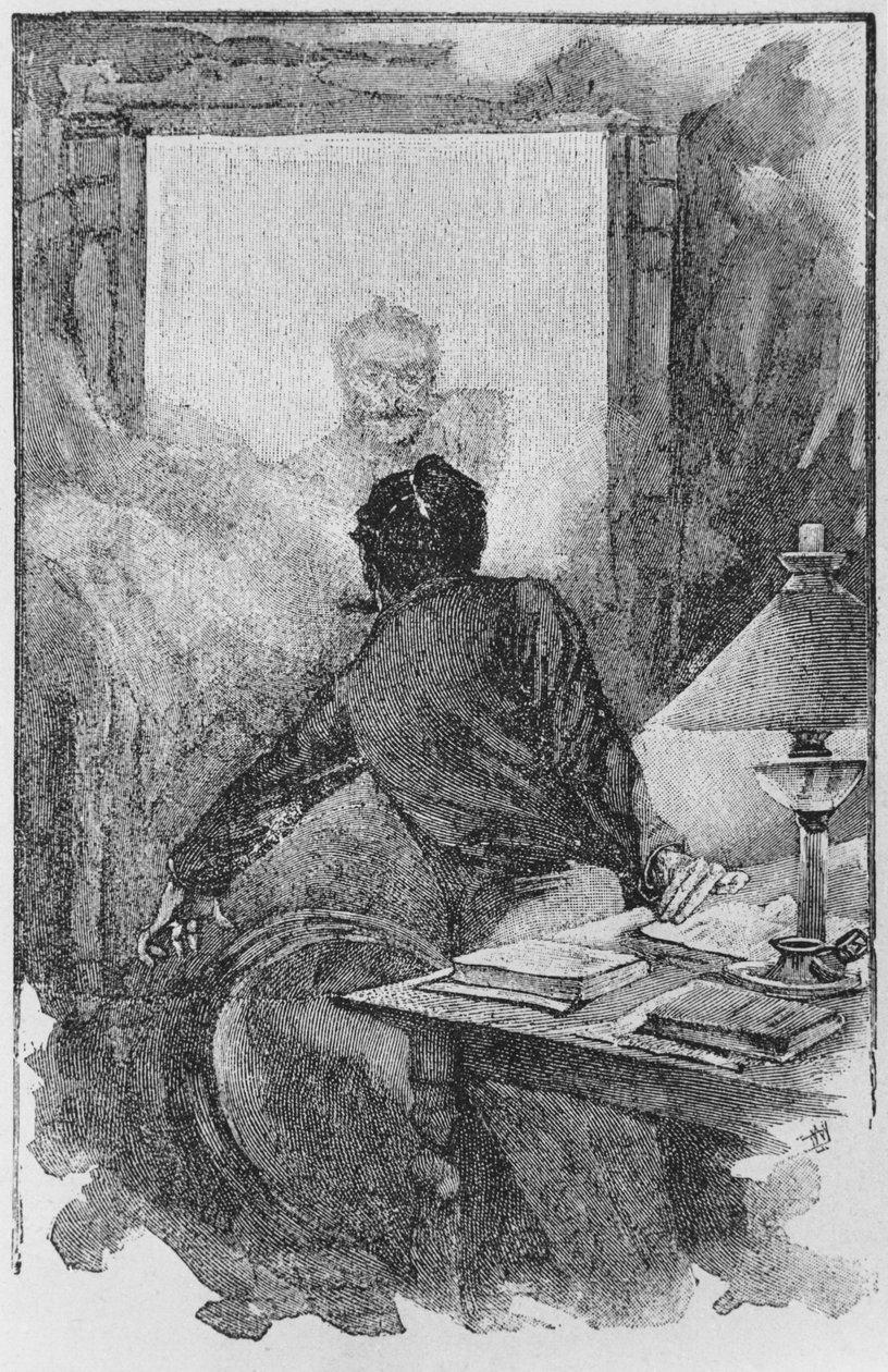 叙述者和Horla，来自&39;Le Horla&39;的插图由Guy de Maupassant（1850-93）雕刻，由Georges Lemoine，巴黎，版本Albin Michel，c.1910（木版画） 作者 威廉·朱利安·达马齐