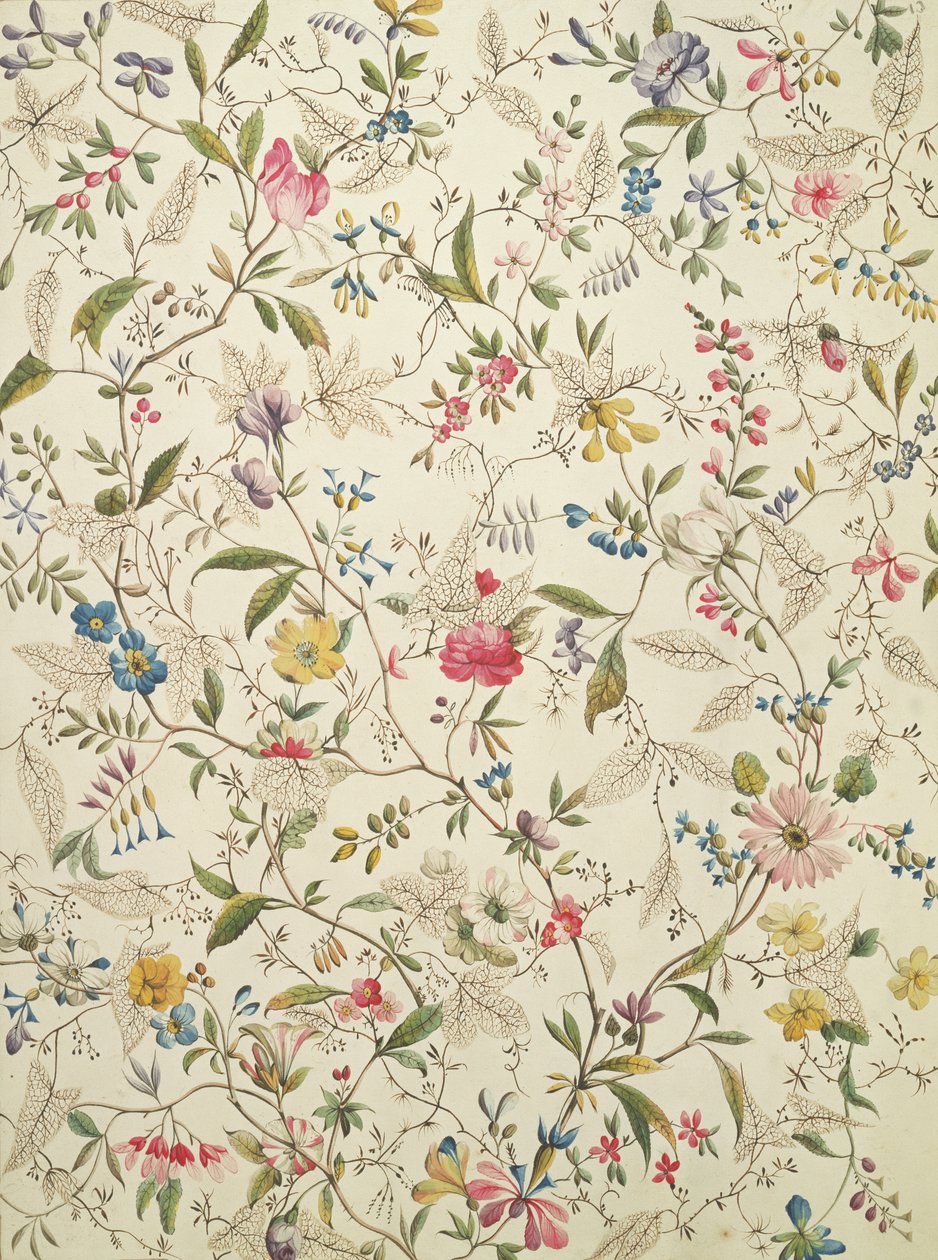 丝绸材料的野花设计，c.1790 作者 威廉·基尔本