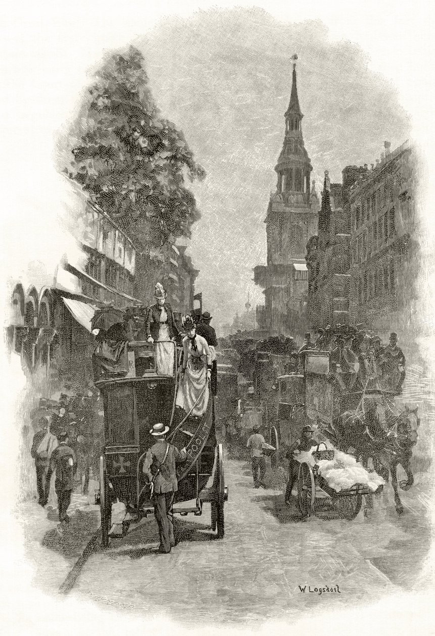 Cheapside和Bow Church Steeple，来自&39;伦敦图片：用钢笔和铅笔绘制&39;，由Rev. Richard Lovett创作，出版于1890年 作者 威廉·洛格斯戴