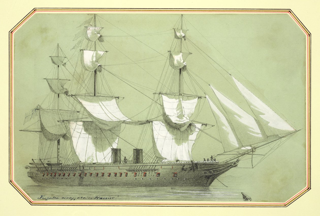 “战士”，第一艘英国铁质战舰，于1859年由政府委托，1861年在海上委托（铅笔加白色） 作者 威廉·麦康奈尔