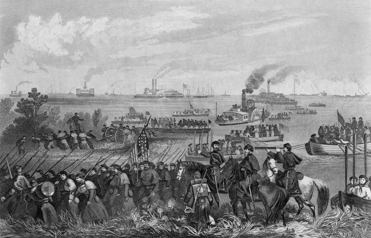 1862年2月8日，伯恩赛德探险队在罗阿诺克岛登陆部队，由George E. Perine雕刻 作者 威廉·蒙伯格