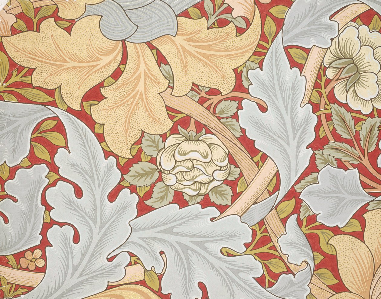 Acanthus叶子，深红色背景上的野玫瑰，19世纪（壁纸） 作者 威廉·莫里斯