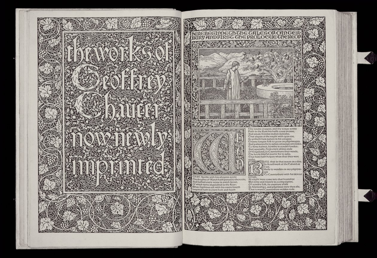 “杰弗里乔的作品”的标题页和主题，由Kelmscott出版社出版，1896年（木刻和黑色纸上印刷） 作者 威廉·莫里斯