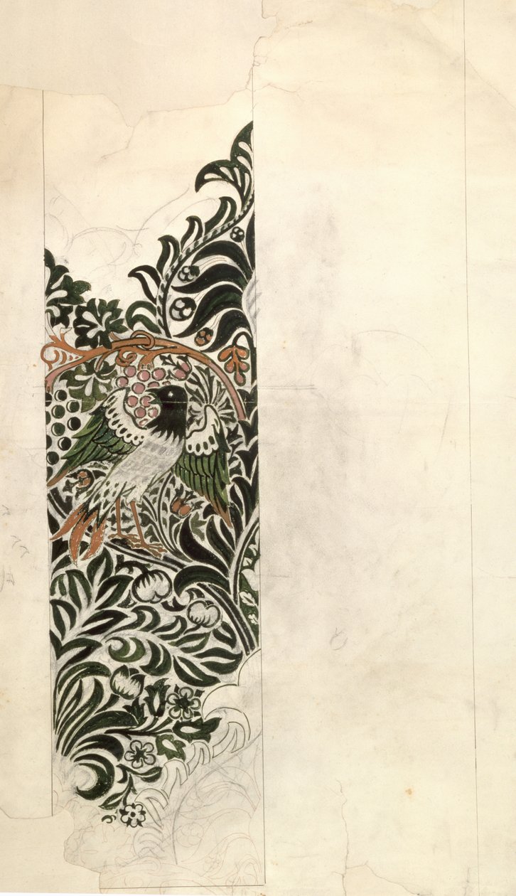 未完成的&39;鸟和藤&39;木块设计壁纸，1878年 作者 威廉·莫里斯