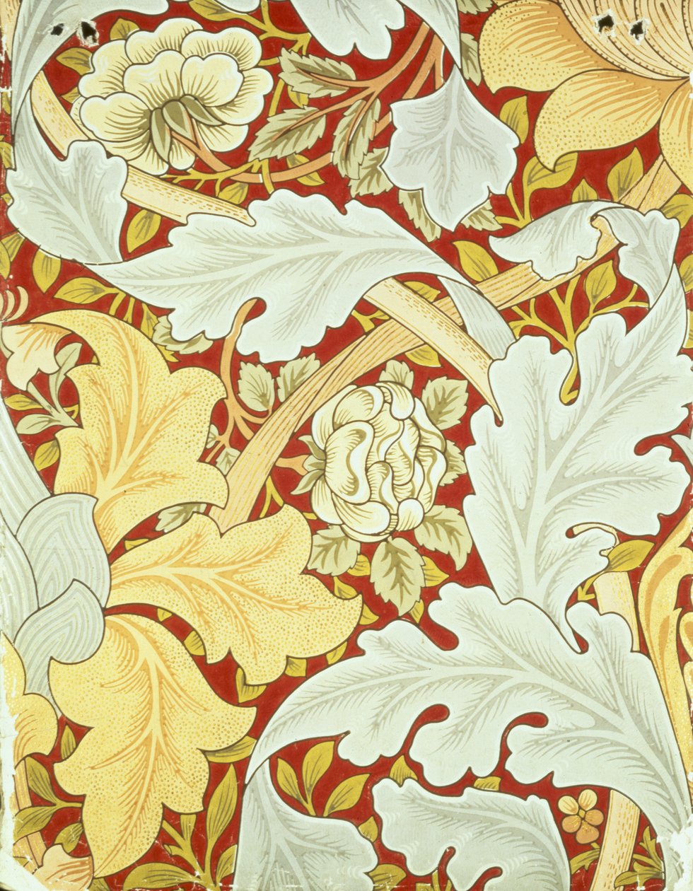 由威廉·莫里斯（William Morris，1834-96）设计的深红色背景上的老鼠叶和野玫瑰壁纸 作者 威廉·莫里斯