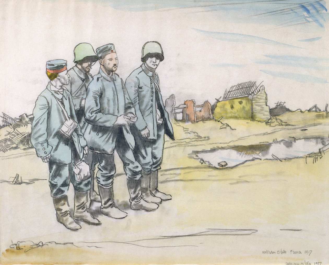 法国村的四名德国囚犯，1917年（木炭和纸上的wc） 作者 威廉·奥彭