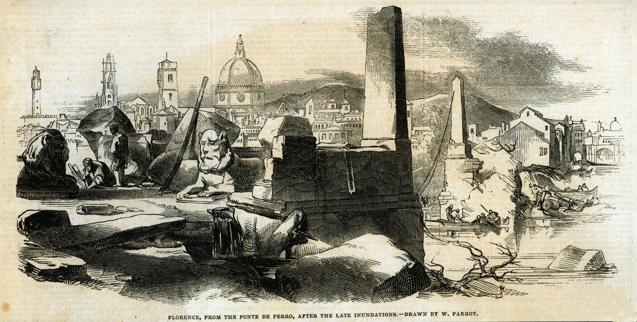 1845年1月4日，来自Ponte de Perro的佛罗伦萨，经过深度淹没，来自“伦敦新闻画报” 作者 威廉·帕罗特
