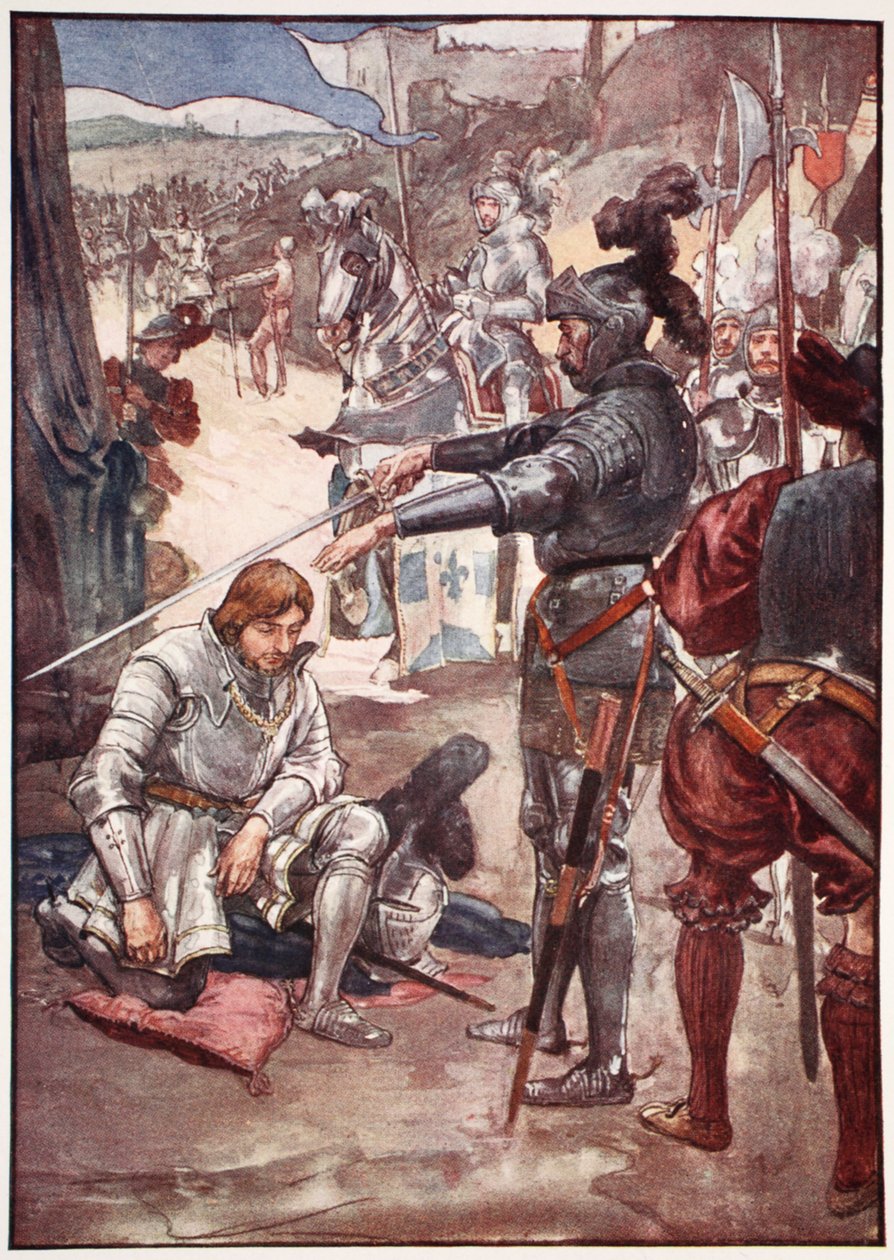 “拿着他的剑，他说先生，请上帝，在战争中，你可能永远不会逃跑”，1920年玛丽麦格雷戈的“法国故事告诉男孩和女孩”的插图 作者 威廉·雷尼