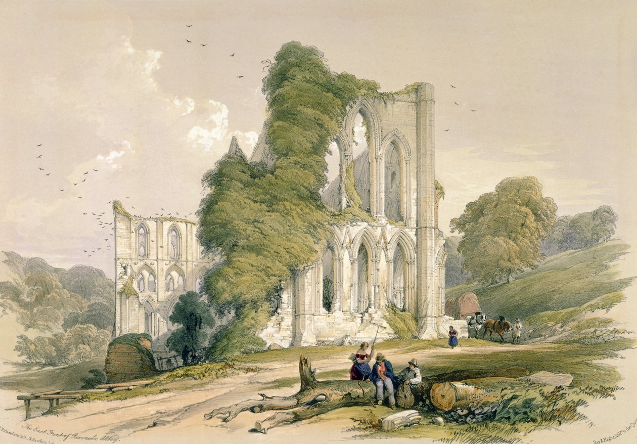 来自东线的Rievaulx修道院，来自约克郡的修道院遗址，由George Hawkins（1819-52）雕刻，1843年 作者 威廉·理查森