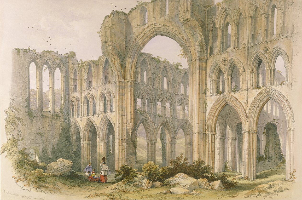 Rievaulx修道院，Transept和合唱团，来自约克郡的修道院遗址，由George Hawkins（1819-52）雕刻，1843年 作者 威廉·理查森