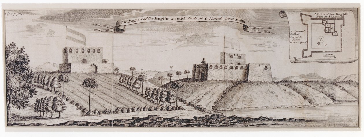 1744年，Sakkundi的英国和荷兰堡垒的西南展望 作者 威廉·史密斯