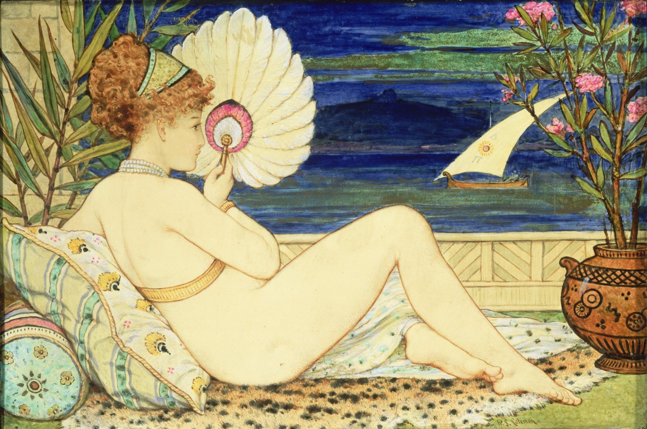 风扇的女人，明顿艺术陶器，c.1872（彩绘瓷砖） 作者 威廉·斯蒂芬·科尔曼
