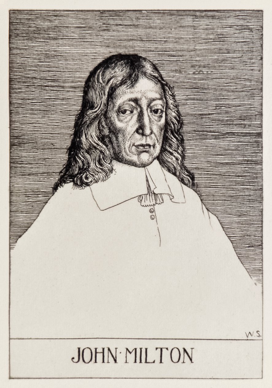 约翰米尔顿（1608-1674）的正面肖像，来自天堂迷失的一系列由威廉斯特朗（1859-1921）蚀刻的12幅插图 作者 威廉·斯特兰德
