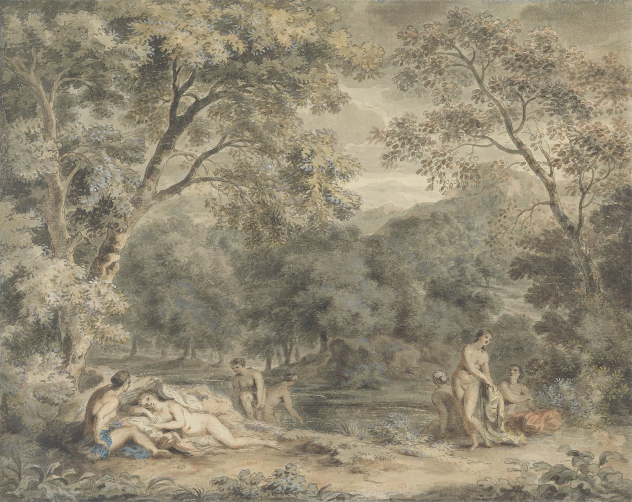 若虫在树木繁茂的林地中沐浴，1765-70（纸上的水粉和水粉） 作者 威廉·塔弗纳