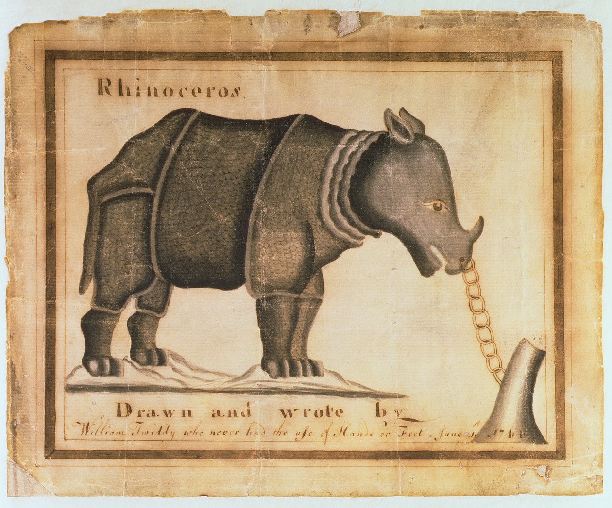 犀牛，由威廉·特威迪（William Twiddy）绘制并撰写，他从未使用过手或脚，1744年6月1日（纸上写着） 作者 威廉·特维迪