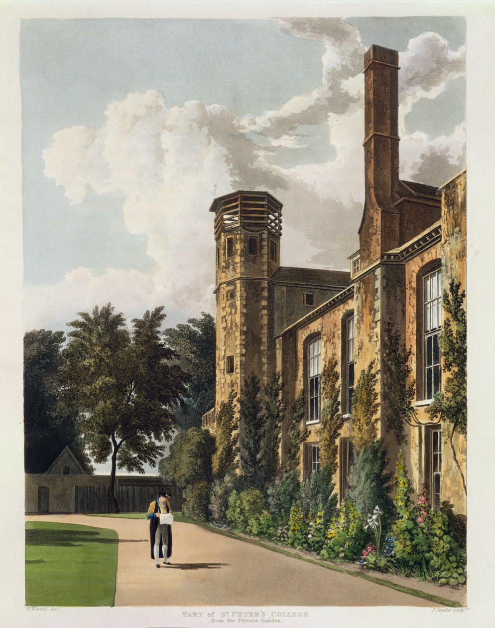 来自剑桥私人花园的圣彼得学院（Peterhouse）的一部分，来自“剑桥历史”，由Joseph Constantine Stadler（17,08-1812）雕刻，酒吧。作者：R. Ackermann，1815年（颜色 作者 威廉韦斯特尔