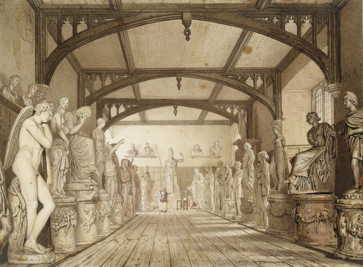 考试学校的雕塑画廊，牛津，1813年（笔和棕色墨水和水彩画在石墨的指示） 作者 威廉韦斯特尔