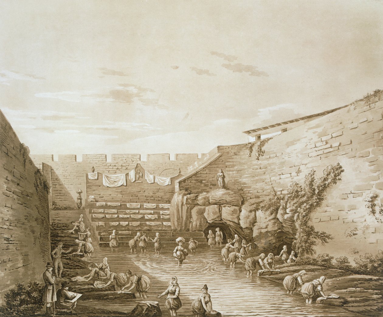 位于Arethusa喷泉的Washerwomen，来自Magnia Graecia的古物，出版于1807年 作者 威廉·威尔金斯