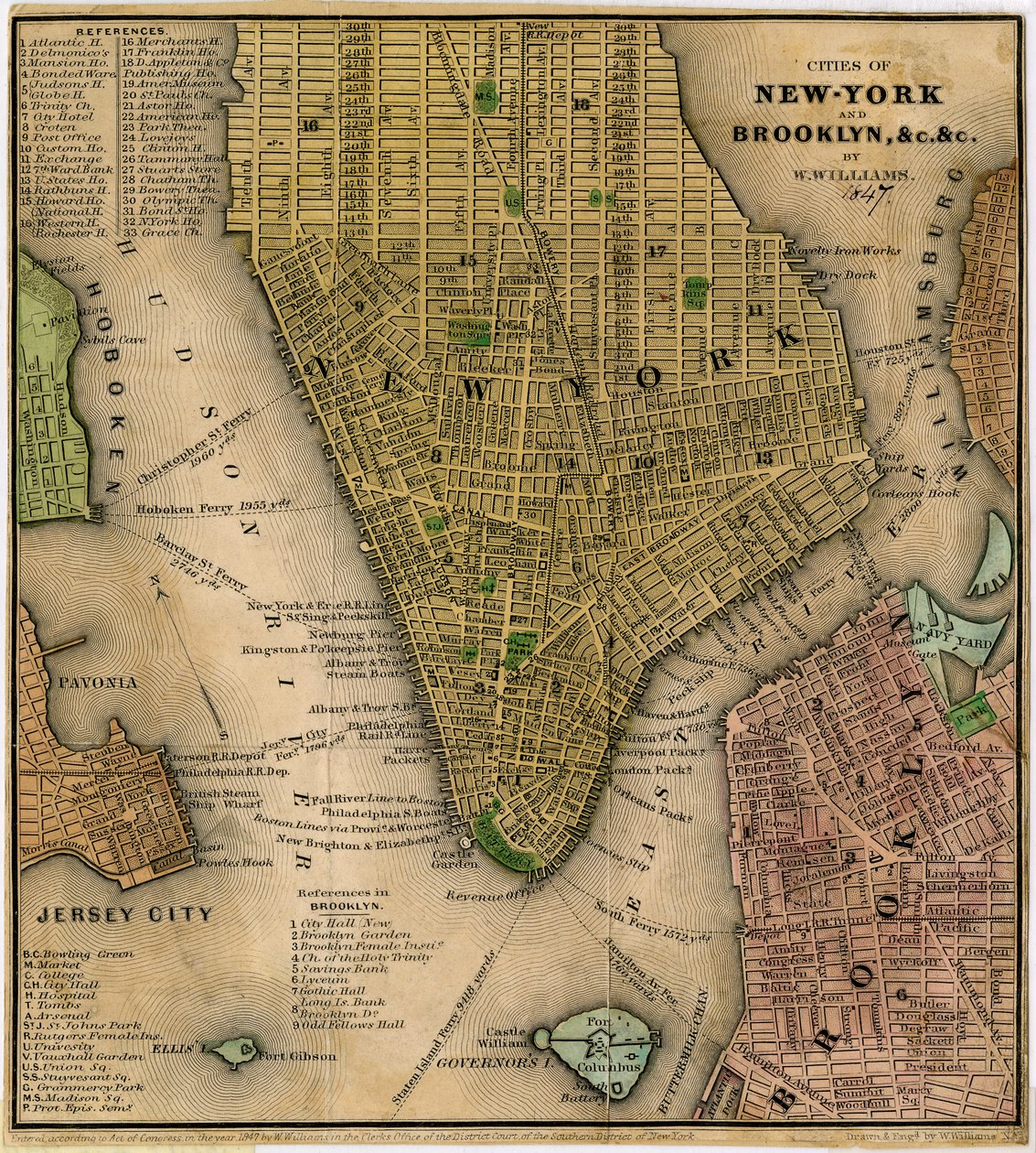纽约和布鲁克林的城市，未知。 undc。，1847（黑色和彩色墨水在纸上，纸背） 作者 威廉·威廉姆斯