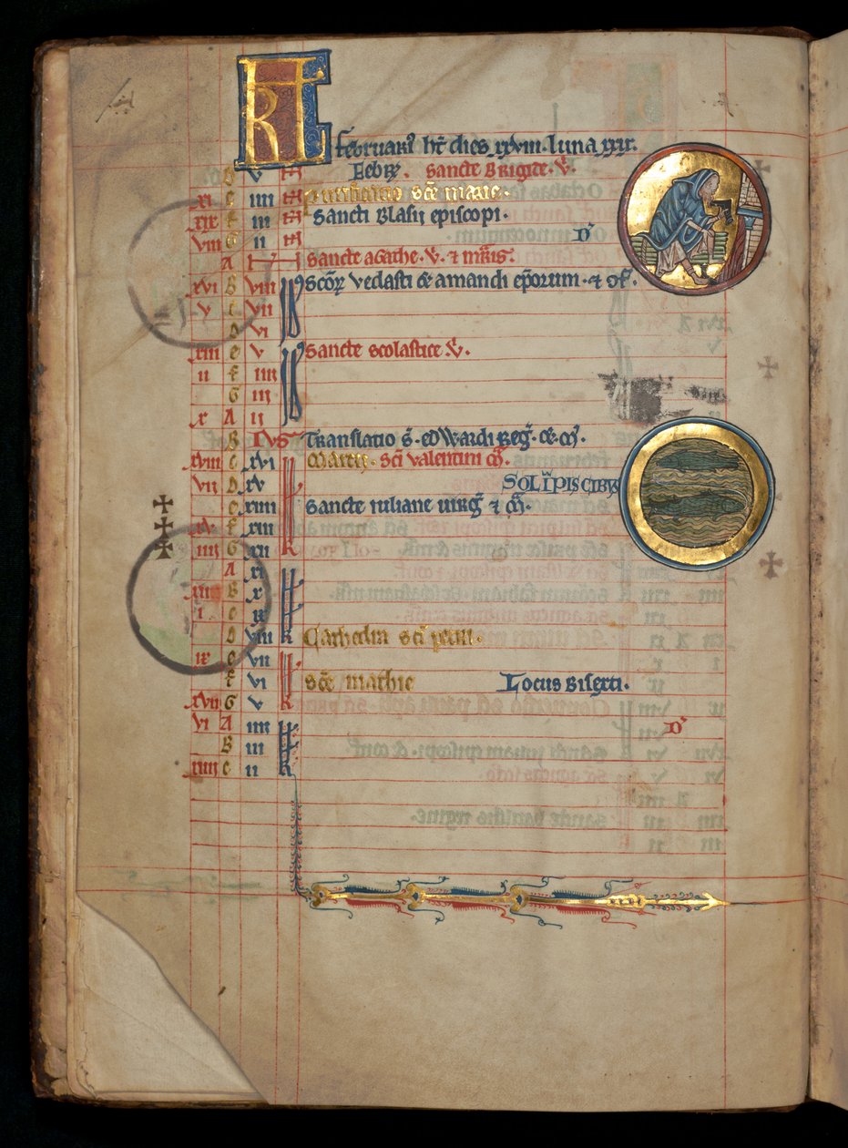 2月份的女士322 f.1v，一名男子在火灾中脱鞋，插图来自&39;De Brailes Psalter&39;，c.1250 作者 威廉·德·布雷莱斯