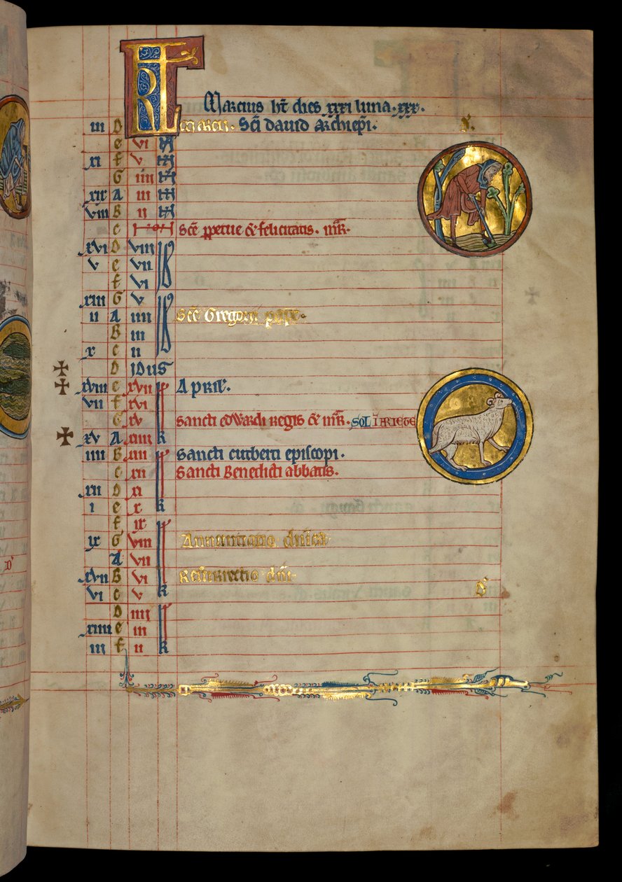 三月，322岁的女士，一名男子正在挖掘，插图来自&39;De Brailes Psalter&39;，c.1250 作者 威廉·德·布雷莱斯