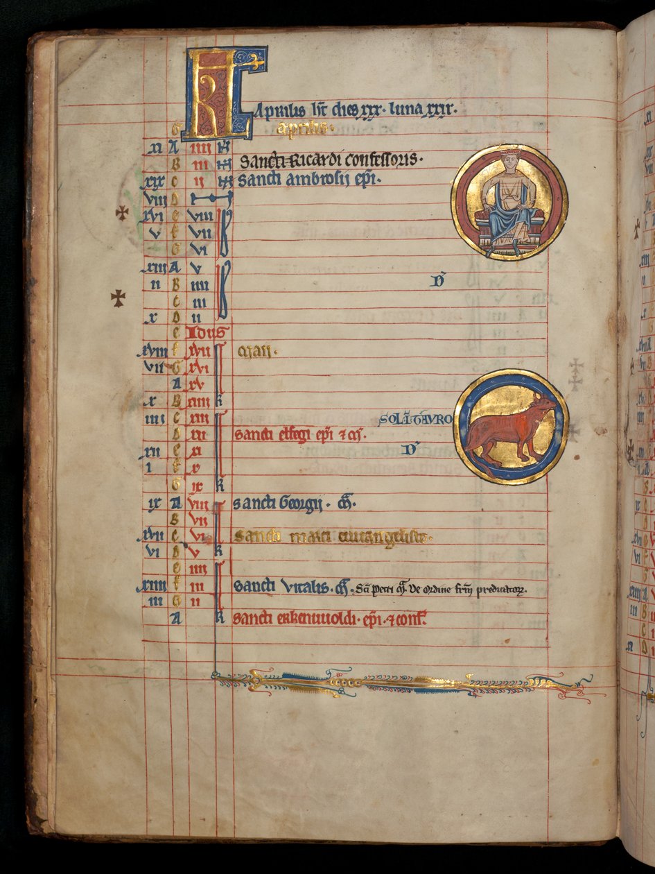 四月份，322 f.2v女士，一个坐着的人，手捧两朵花，插图来自&39;De Brailes Psalter&39;，c.1250 作者 威廉·德·布雷莱斯