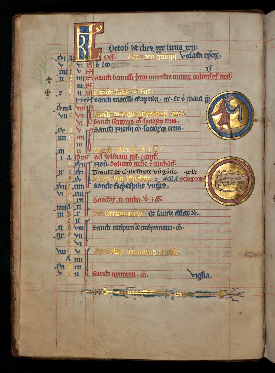 10月，322 f.5v女士，男子播种，来自&39;De Brailes Psalter&39;的插图，c.1250 作者 威廉·德·布雷莱斯