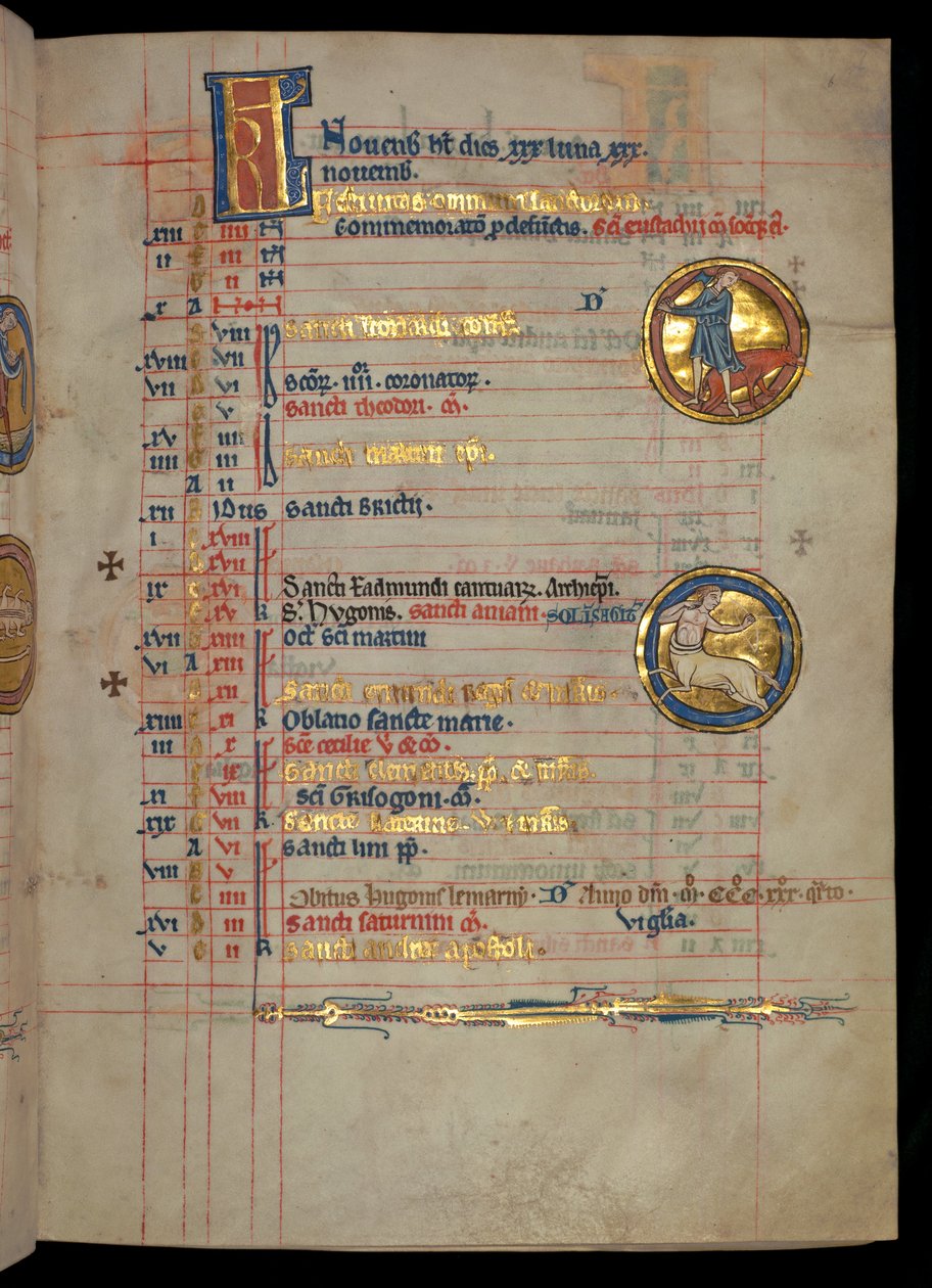 11月，一名男子屠宰一头猪的男子322 f.6r，来自&39;De Brailes Psalter&39;的插图，c.1250 作者 威廉·德·布雷莱斯