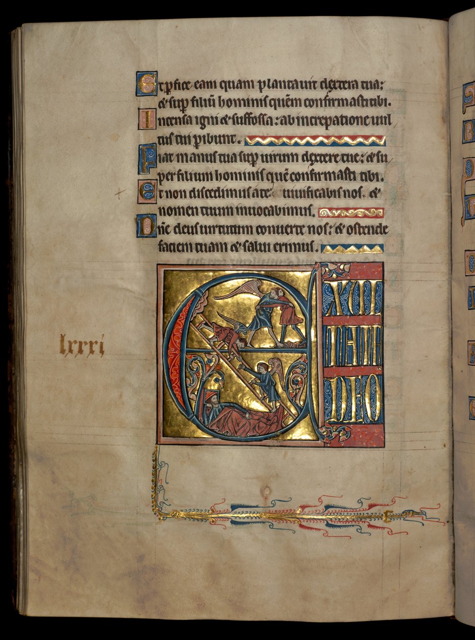322 f.82v女士，诗篇80，最初的E，Jacob与天使摔跤，Jacob的梦想，来自&39;De Brailes Psalter&39;的插图，c.1250 作者 威廉·德·布雷莱斯