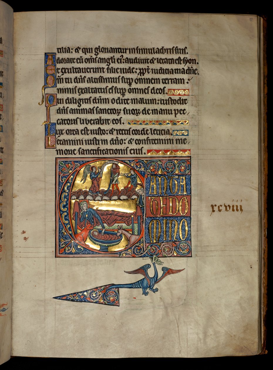 322 f.97r女士，诗篇97，最初的C，给牧羊人的报喜，来自&39;De Brailes Psalter&39;的插图，c.1250 作者 威廉·德·布雷莱斯