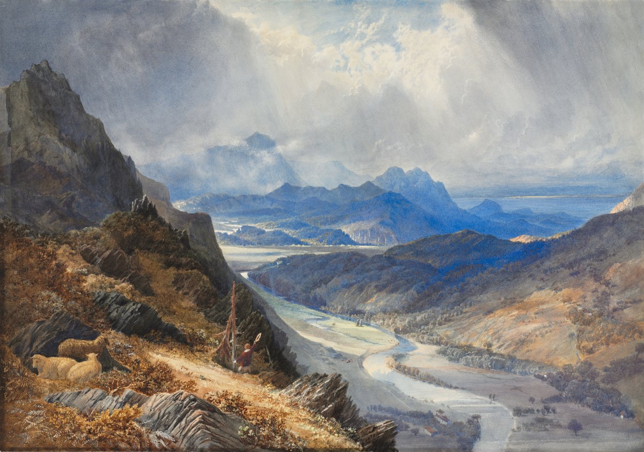 从 Moel Cynwich 远眺：俯瞰阿丰毛达赫山谷和卡德伊德里斯，约 1850 年（水彩，刮擦，白色加高） 作者 威廉·特纳 (1789 1862)