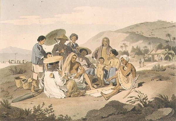 一群科钦族人，板块14来自约翰-巴罗（1764-1848）的《科钦纳远航》，由托马斯-梅德兰（1755-1823）雕刻，1806年（水印）。 作者 威廉（后）亚历山大