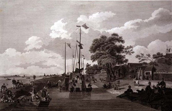 宝应湖的景色，它与大运河被土堤分隔开来，由威廉（1747-1810）和伊丽莎白-埃利斯雕刻，由G.尼科尔出版。 作者 威廉（后）亚历山大