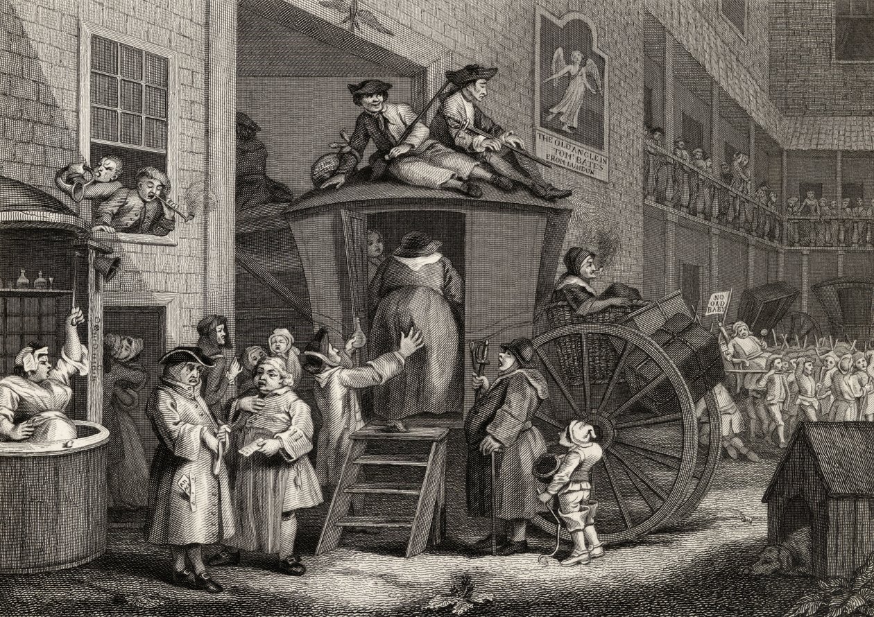 Country Inn Yard，由 Timothy Engleheart（1803-79 年）从“霍加斯的作品”中雕刻，1833 年出版（石版印刷） 作者 威廉（继）霍加斯