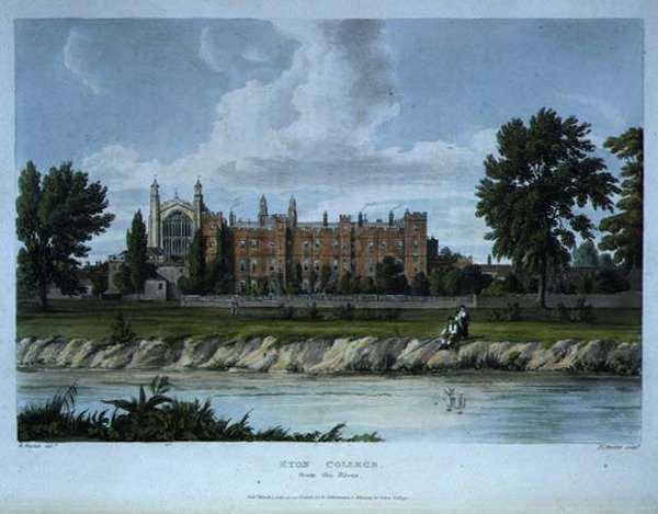 从河边看伊顿公学，出自《伊顿公学史》，《公学史》的一部分，由Joseph Constantine Stadler（fl.1780-1812）雕刻，由R. Ackermann出版。 作者 威廉（继）韦斯托尔