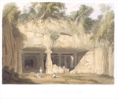 1803年孟买附近的埃莱芬塔大洞寺的外观，摘自《印度风光、服饰和建筑》第二卷，由S.G. Hughes雕刻，由Smith, Elder and Company出版。 作者 威廉（继）韦斯托尔