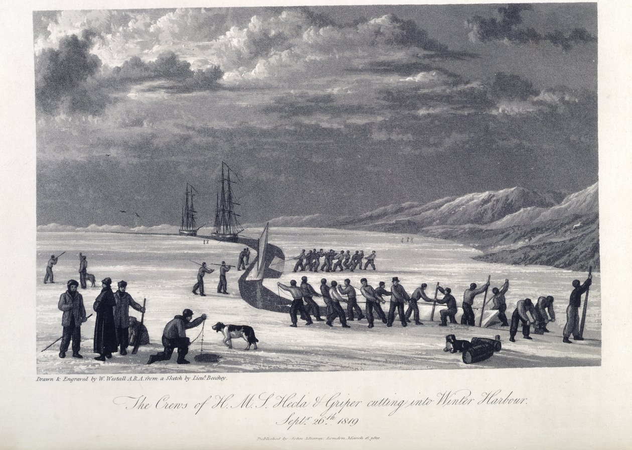 1819 年 9 月 26 日，H.M.S. Hecla 和 Griper 号船员驶入冬港，插图选自《发现从大西洋到太平洋的西北航道航海日志......》。 作者 威廉（继）韦斯托尔