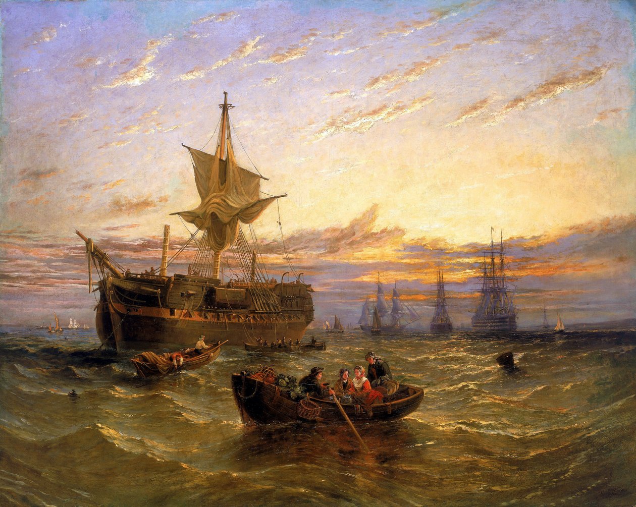 泰晤士河上的英属东印度商船（英格兰）。威廉-阿道夫-克内尔（1802-1875 年）的布面油画。 作者 威廉·阿道夫·克奈尔