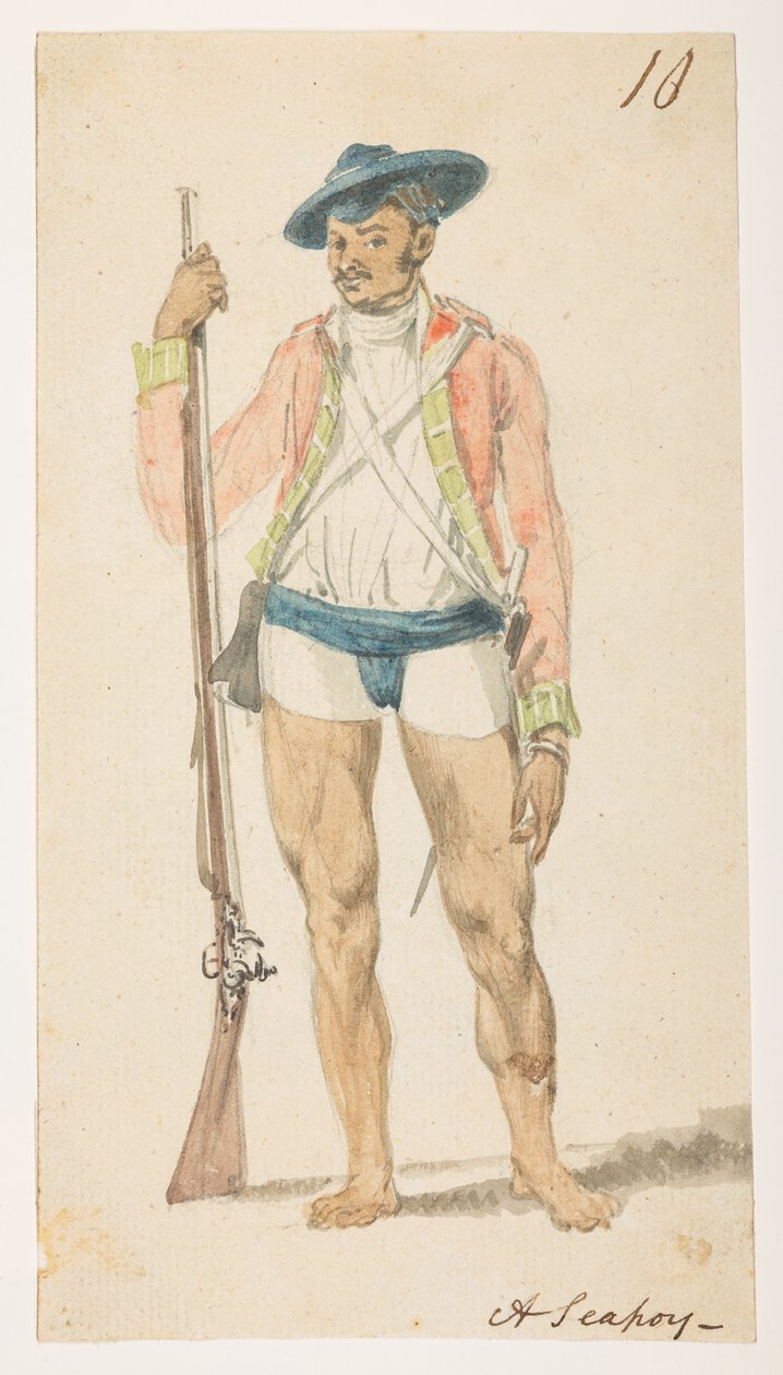 10 "A Seapoy."，选自马戛尔尼勋爵于 1792 年至 1794 年间出使中国期间绘制的 372 幅风景、海岸线、服饰和日常生活画册（纸面铅笔和水彩画） 作者 威廉·亚历山大