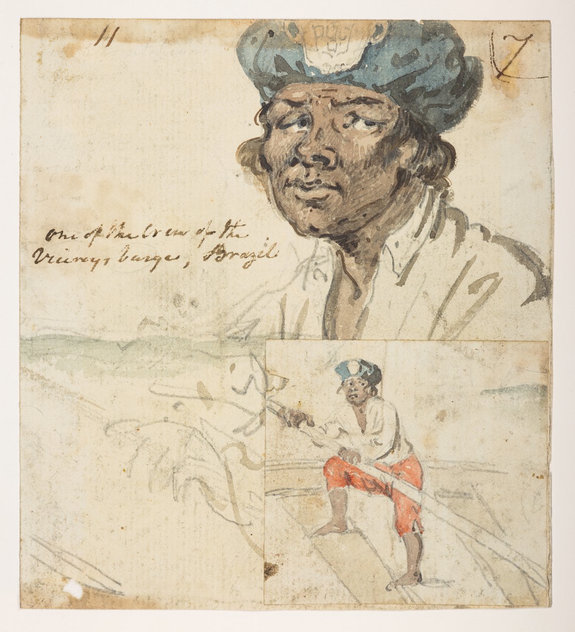 11 11 "巴西总督驳船上的船员之一"，选自马戛尔尼勋爵于 1792 年至 1794 年间出使中国期间绘制的 372 幅风景、海岸线、服饰和日常生活画册（纸面铅笔和水彩画） 作者 威廉·亚历山大