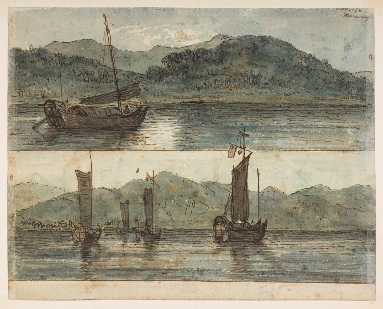 146v 河景。17 年 11 月的月光"，选自马戛尔尼勋爵于 1792 年至 1794 年间出使中国期间绘制的 372 幅风景、海岸线、服饰和日常生活画册（纸面铅笔和水彩画） 作者 威廉·亚历山大
