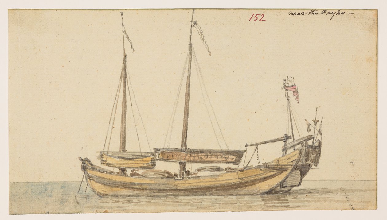 152艘 "Payho附近的船"，选自马戛尔尼勋爵在1792年至1794年间出使中国期间绘制的372幅风景、海岸线、服饰和日常生活画册（纸面铅笔和水彩画） 作者 威廉·亚历山大