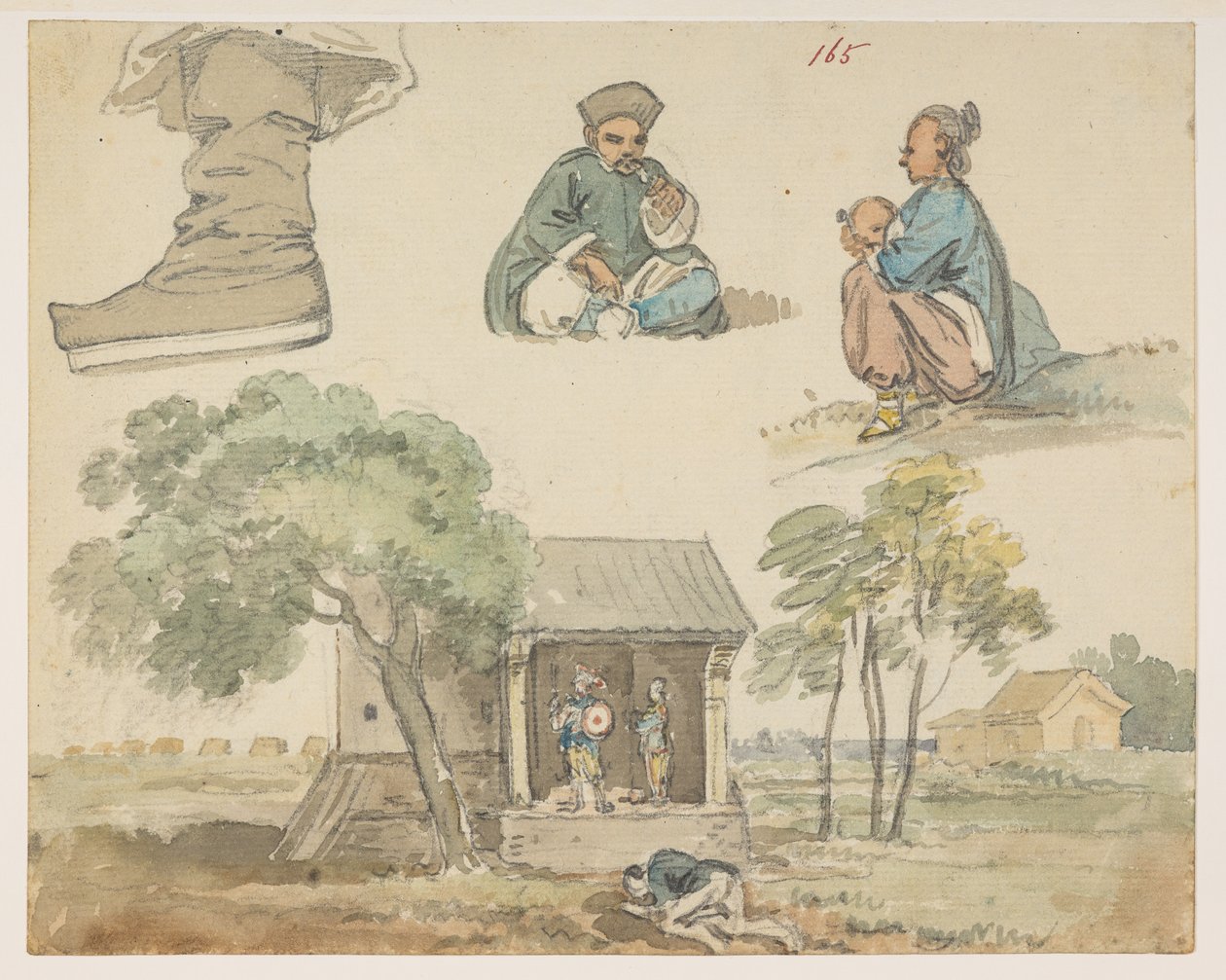 165 图画研究和神龛，选自马戛尔尼勋爵于 1792 年至 1794 年间出使中国期间绘制的 372 幅风景、海岸线、服饰和日常生活画册（纸面铅笔和水彩画） 作者 威廉·亚历山大