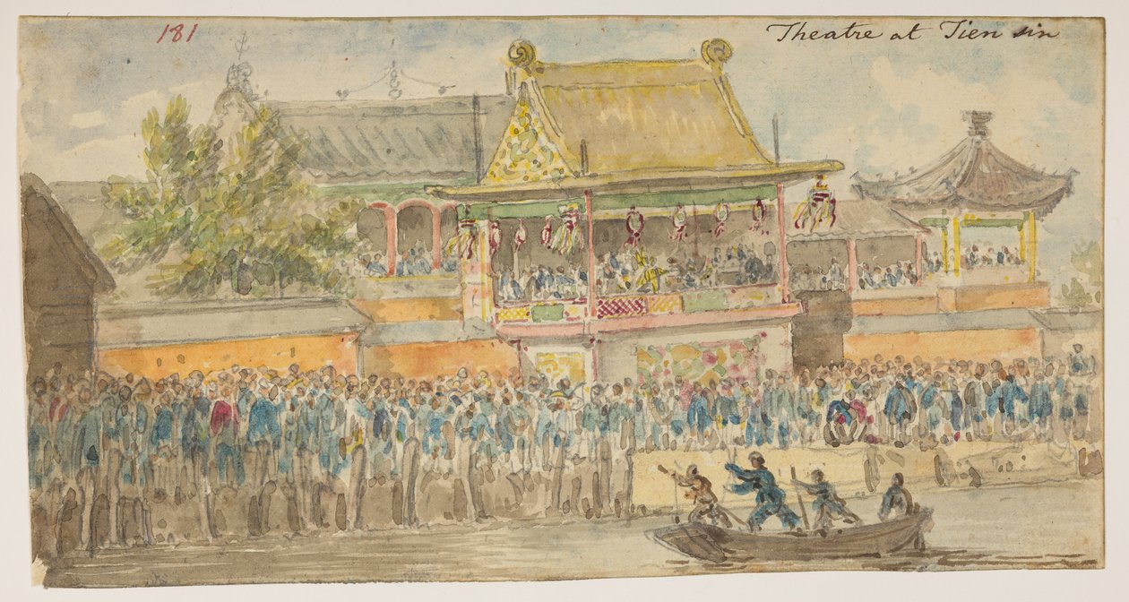 181 "Theatre at Tien sin." ，选自马戛尔尼勋爵于 1792 年至 1794 年间出使中国期间绘制的 372 幅风景、海岸线、服饰和日常生活画册（纸面铅笔和水彩画） 作者 威廉·亚历山大